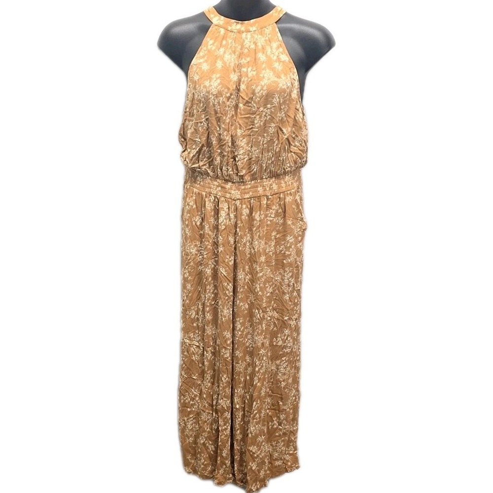 Torrid Jumpsuit Yellow Floral Wide Leg Halter Tie Neck Open Back sz 1 Boho Beach